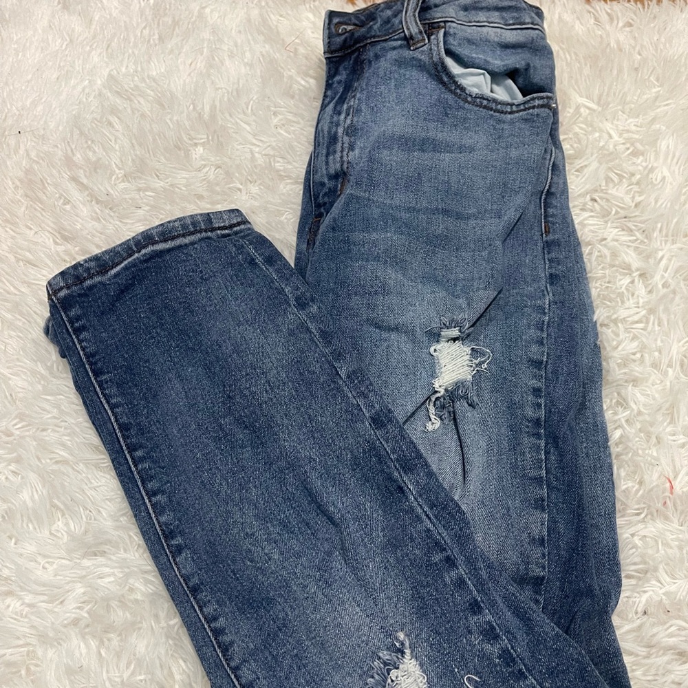 Dark blue distressed mom jeans